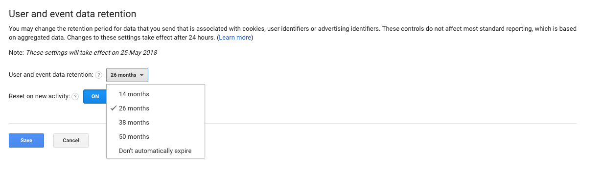 Google Analytics Data Retention Options